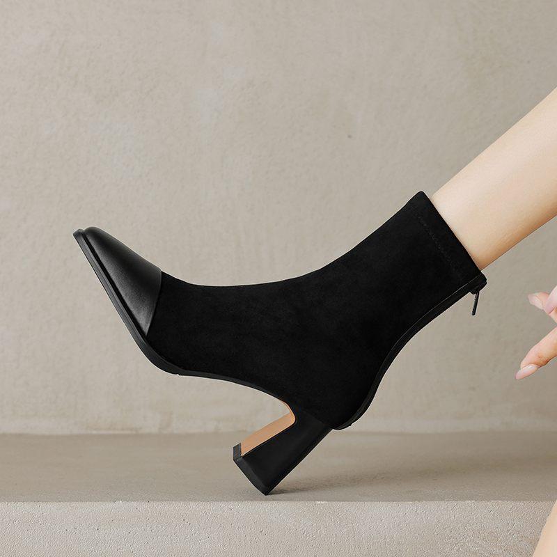 Krazing Pot Cow Skin Autumn Winter Shoes Square Toe Mixed Color Thick High Heels Zipper Chelsea Boots Women Stretch Ankle Boots