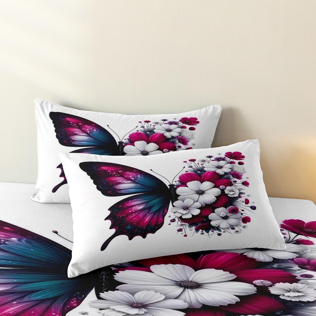 3pcs Beautiful Colorful Butterfly Digital Printing Duvet Cover Set,Bright white Gesang flower shaped flowers Bedding Set,