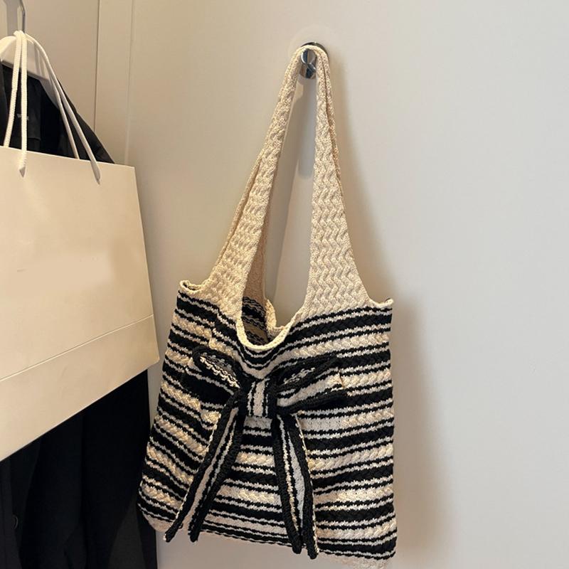 Nova Bolsa de Crochê Listrada com Laço Grande Capacidade Casual Bolsa de Ombro Tecida Multicolorida Bolsa de Tricô Feita à Mão