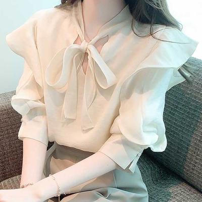 Summer Bow Lace-up Ruffle Chiffon Blouse Casual French Sweet V-neck Top Women 2023 Half Sleeve Shirt Women Clothes Elegant 27485
