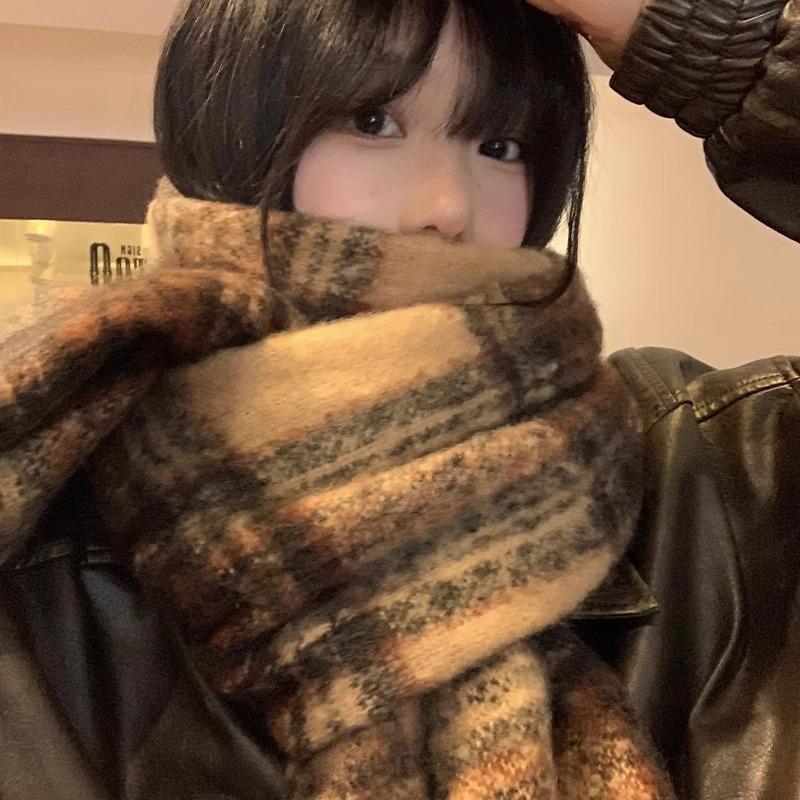 Maillard Brown Plaid Imitation Cashmere Scarf Women's Year Autumn and Winter Fringed Thickened Warm Shawl Scarf Tide