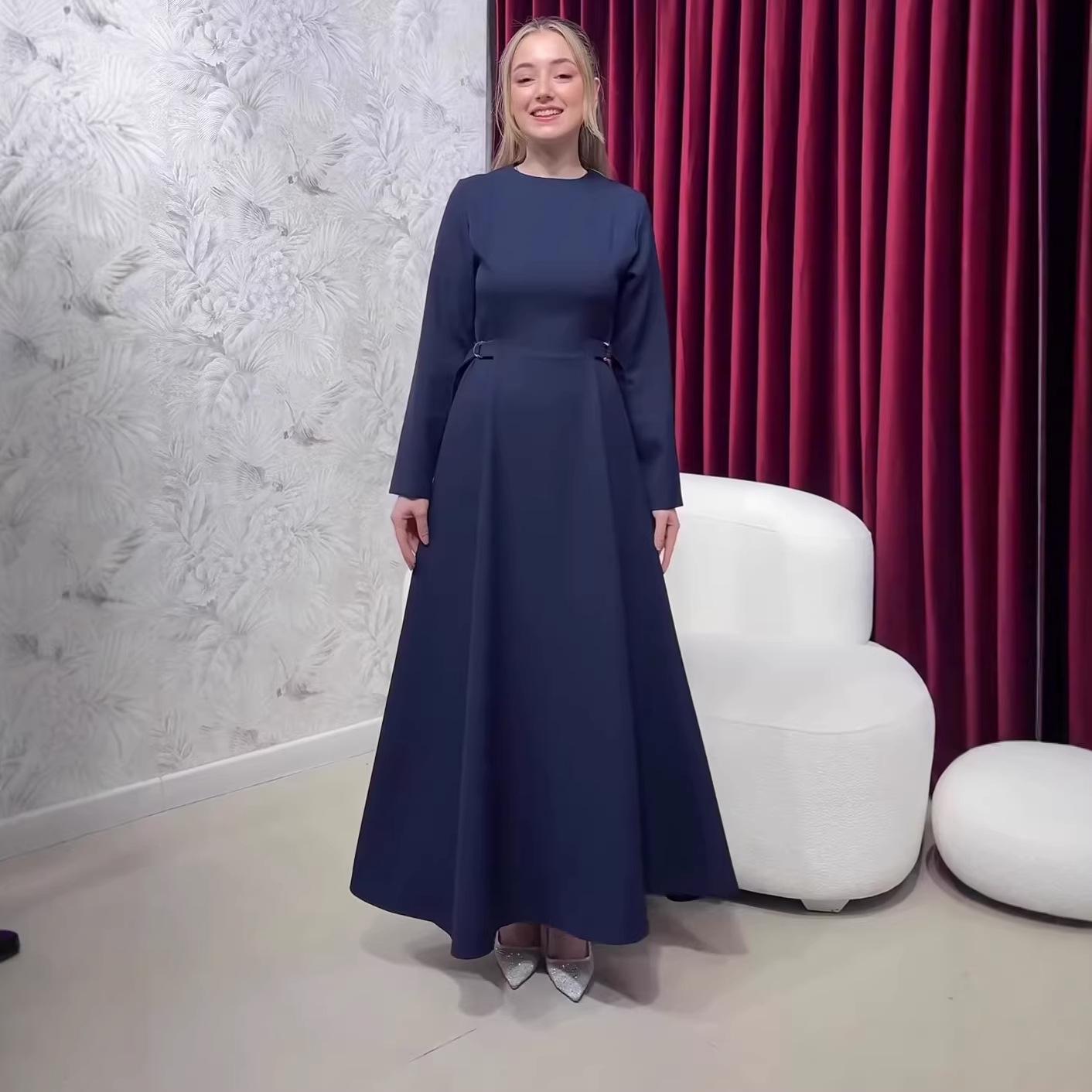 

2026 Spring Women s Elegant Slimming Dress – Solid Color, Round Neck, Long Sleeve XXL темно-синього кольору