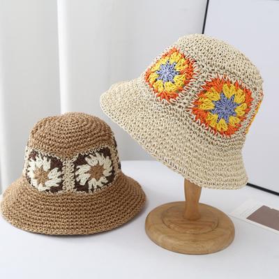 Straw Hat Bohemian Floral Pattern Foldable Beach Hat Wide Brim Hollow Design Bucket Hat Breathable Summer Accessory