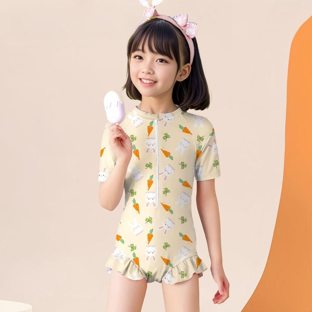 Girls' Quick-Dry Sun Protection One-Piece Swimsuit - Cute Swimwear for Kids