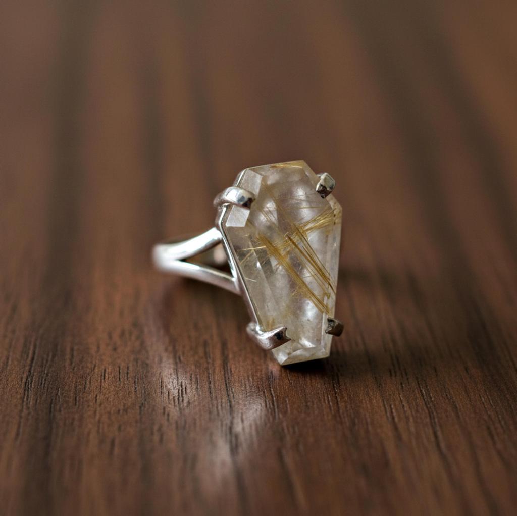 Coffin Ring, Golden Rutile Ring, 925 Solid Sterling Silver, Rutilated Quartz Gemstone, Gift for Her, Women Ring, Mothers Day Gift
