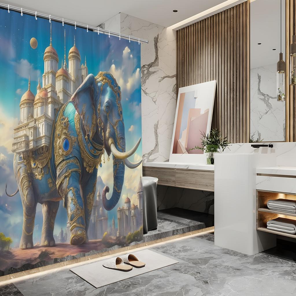 Fantasy Elephant Castle Shower Curtain - Blue Elephant In Golden Armor, Magical Scene, Polyester Fabric,Includes 12 Hooks