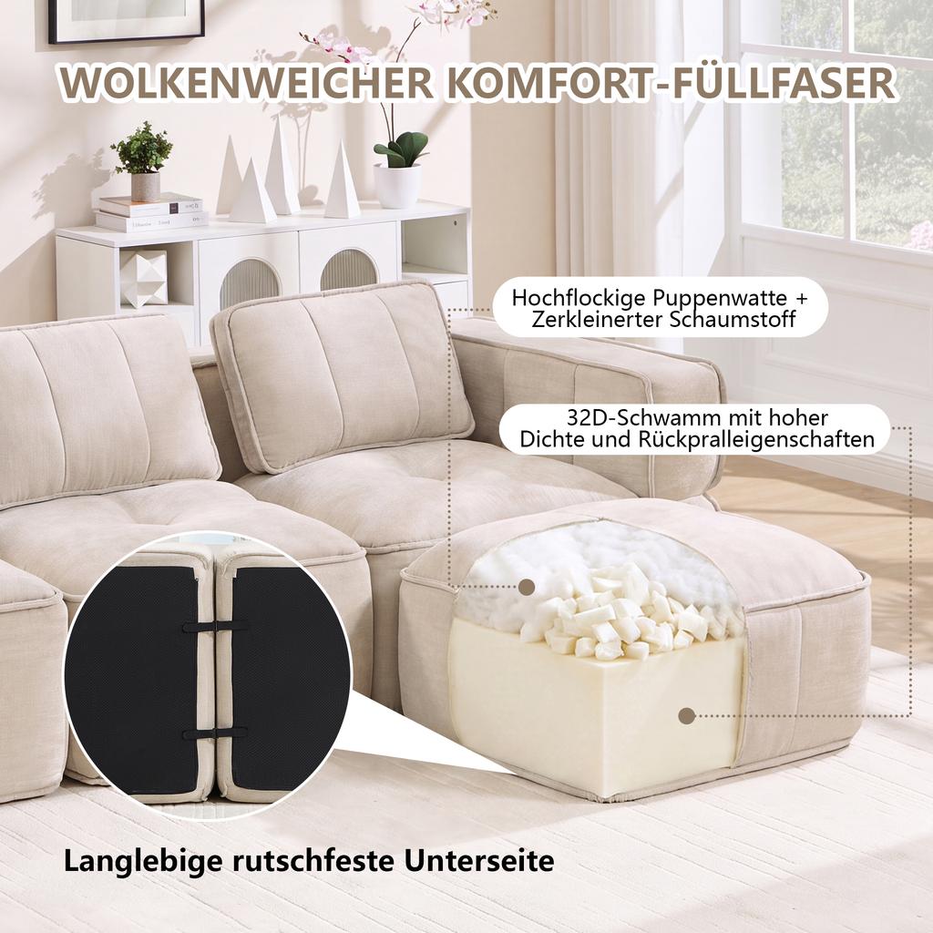 4-Seater U-Shaped Modular Sofa Without Frame, 2 Stools, 32D High-Density Foam, Soft Fabric Cover, Non-Slip, Living Room, No Assembly Required, Beige.