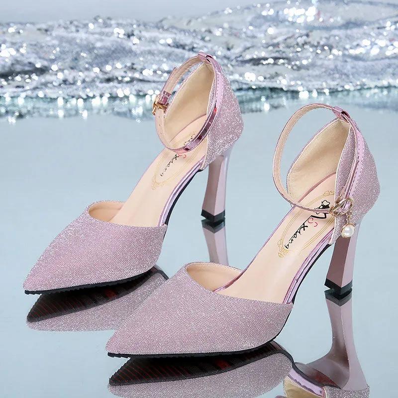 Women Fashion Pink High Quality Spring & Summer Stiletto Heel Shoes Lady Casual Comfort Pumps Sexy Silver Wedding Footwear Ab601