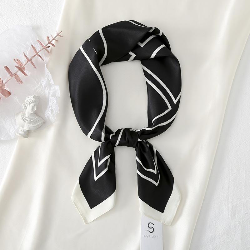 New twill silk niche simple style, classic black and white geometric printing simulation silk square towel sun protection decoration women