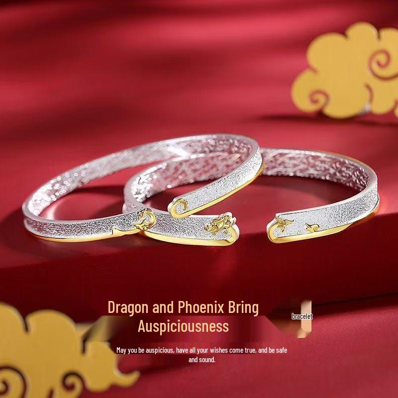 Sterling Silver Dragon & Phoenix Open Bangle for Women - Luxurious Chinese Style Gift Bracelet Dragon Phoenix Gold Bracelet 18g Women