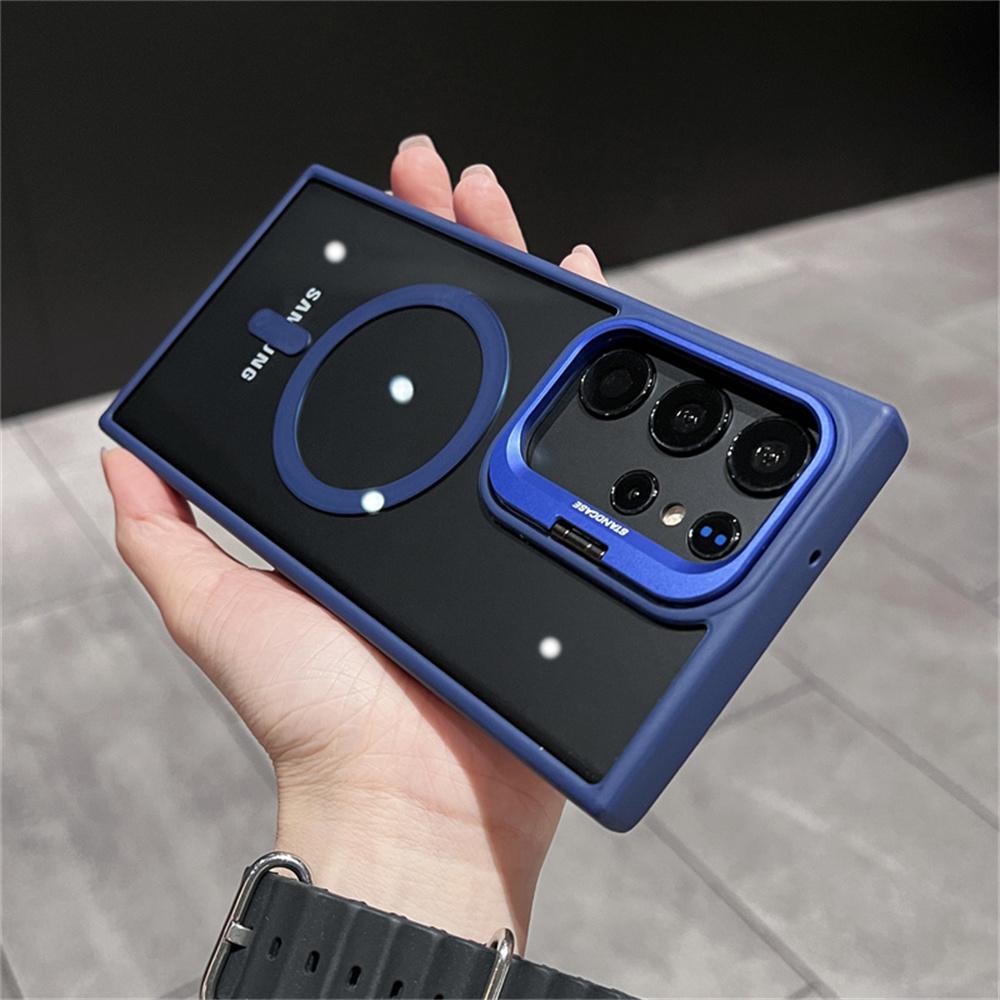 For Magsafe Transparent Magnetic Phone Case For Samsung S25 S24 S23 Ultra S22 Plus Luxury FoldLens Stand Holder Acrylic Cover