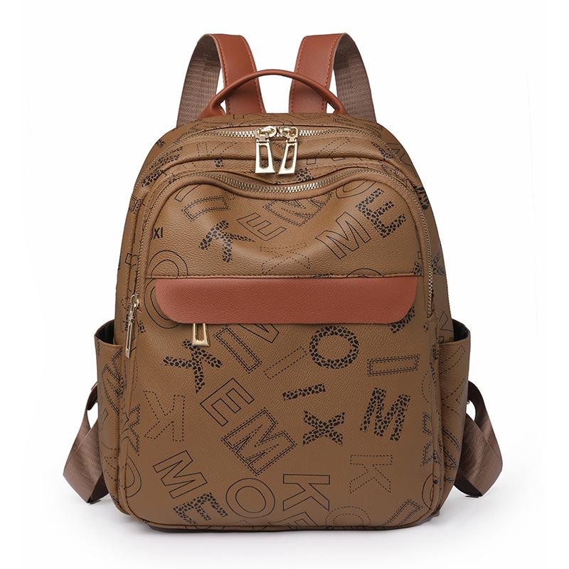Leather Women Letter Printed Backpack Student Schoolbag Large Capacity Travel Bags