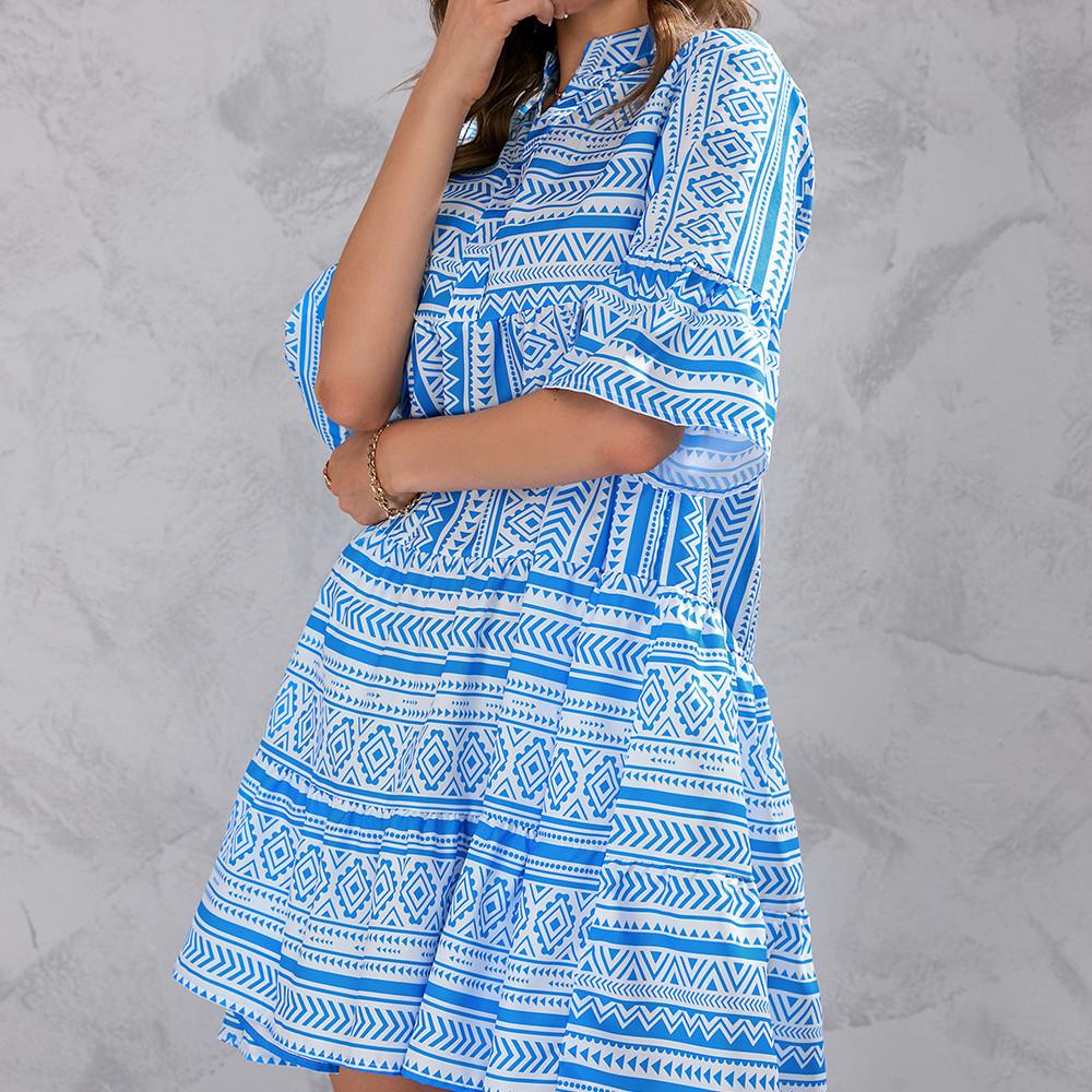 QICED Damenmode Sommer Frühling Rautendruck Kurzarm V-Ausschnitt Hohe Taille Freizeitkleider