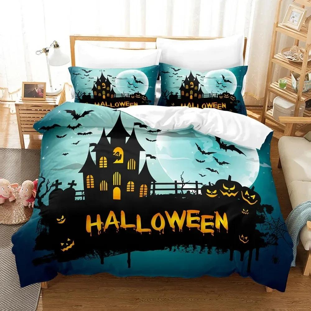 Comforter Halloween Bedding Set Kingqueen Size Cartoon Pumpkin Lantern Castle And Bat Dark Horror Night Polyester