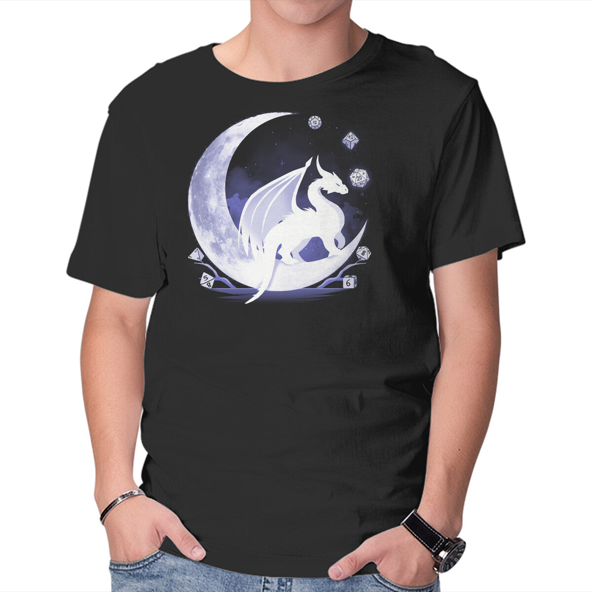 Unisex Crew Neck T-Shirt Dragon Dice Moon Graphic Short Sleeve Casual Tee M