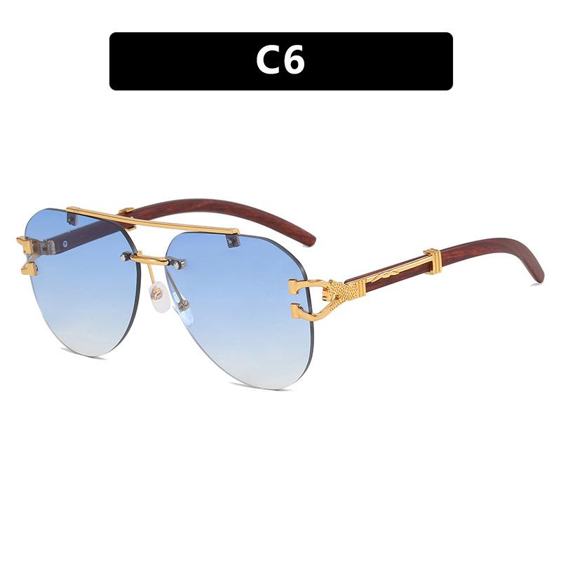 Leopard toad glasses sunglasses wood grain legs double beam frameless trimmed sunglasses European and American fashion trendy sunglasses retro