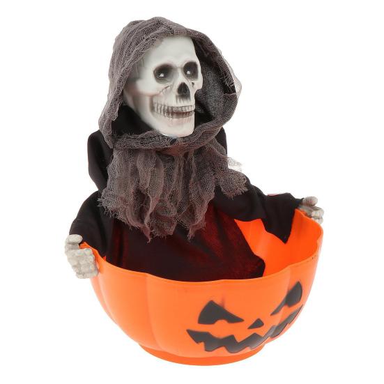 Halloween Skeleton Candy Bowl Animated Skull Candy Dish with Motion Activated Horror Halloween Candy Server with LED Eyes And Creepy Sound