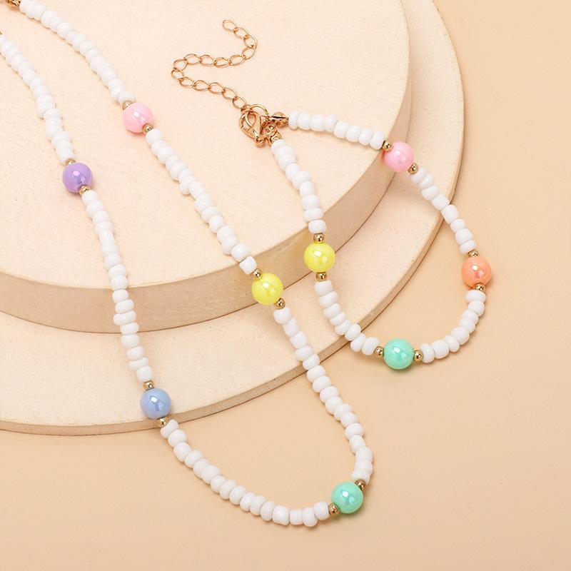 ins cold wind summer color pearl beaded necklace bracelet set, bohemian stacked neck chain