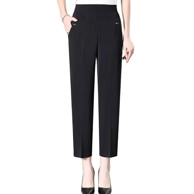 Middle Aged Women's Pants Summer Thin High Waiste Elastic Loose Straight Pants Casual Trousers