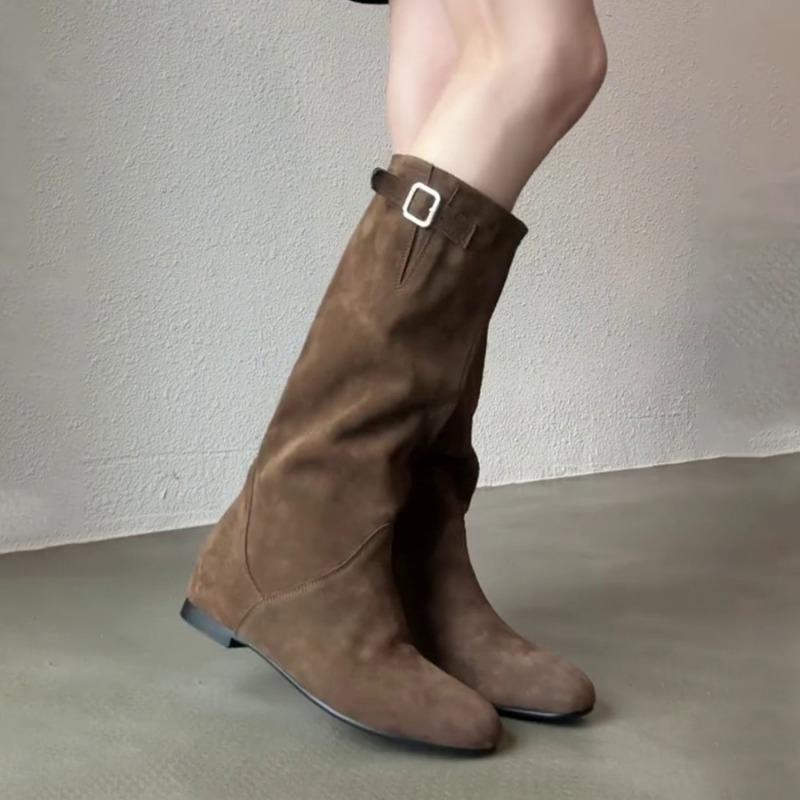 Pile boots women's flat bottom retro thin medium tube versatile lazy wind but knee boots fashion boots women