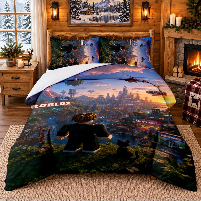 Roblox Pattern Bedding 3Pcs Set Bed Sheet And Pillowcases For Indoor Bedroom