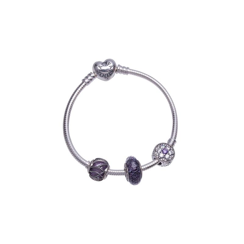 Pandora Purple Sparkling Glass Forget-Me-Not Snake Bone 925 Silver Bracelet Women s Silver PAND00042-OP