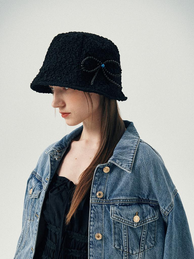 Olinkeompeulliteu Pearl Crinkle Bucket Hat (Black)