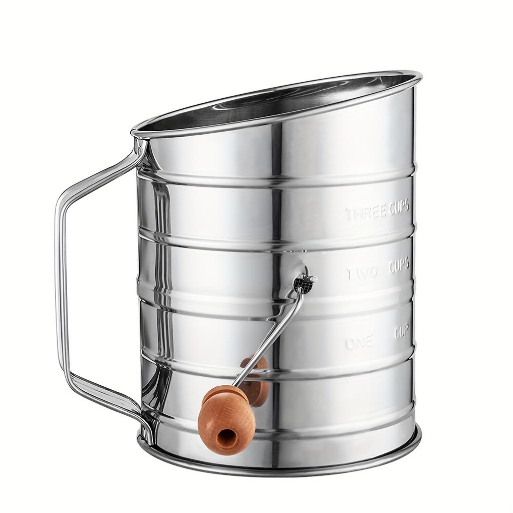 Hand-Cranked Stainless Steel Flour Sifter Handheld Baking Large Cup Type Semi-Automatic with Scale Can Filter Flour Mesh Sieve