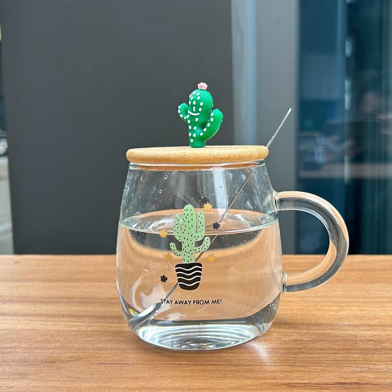 Hitzebeständige Glas-Milchtasse mit Griff Mikrowellenheizung Frühstückstasse mit Deckel Löffel für Haushalt Damen Flacher Boden Wasserbecher