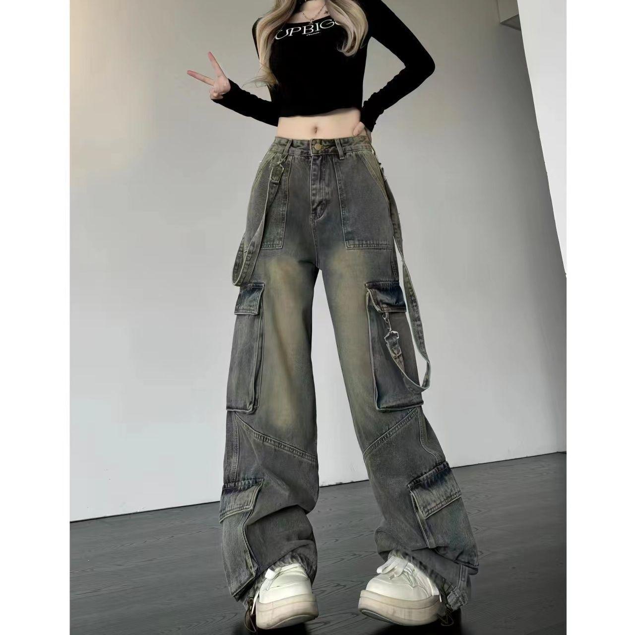 

Women s Plus-Size Retro Wide-Leg Cargo Denim Pants with Multi-Pockets M
