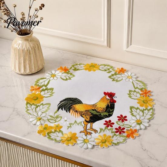 Polyester Embroidery Mats Pastoral Rooster Embroidered Placemat, Decorative Lace Floral Pattern Round Daily Home Dining Accessories Table Mat, Vintage