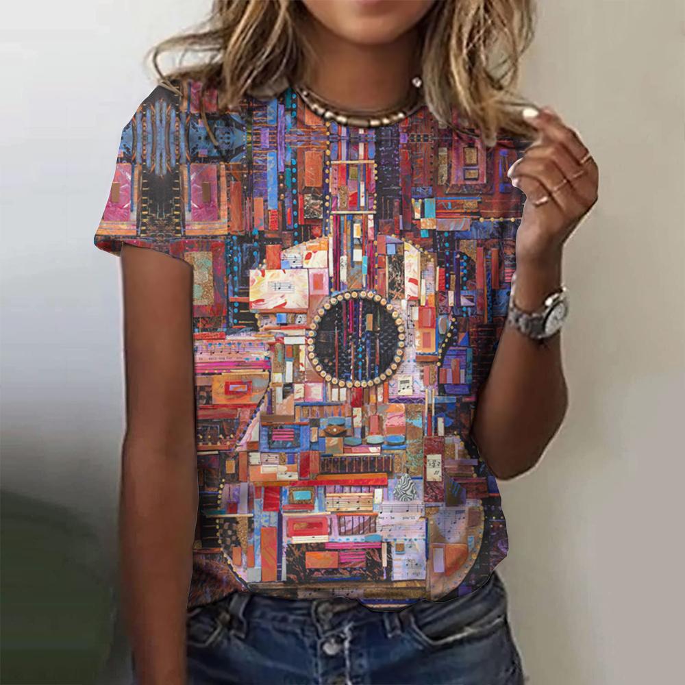 Women's Oversize T-Shirt 3d T-Shirt With Guitars Print Summrt O-Neck Short Sleeve Tops Rock Tee Streetwear Y2k Female Clothing