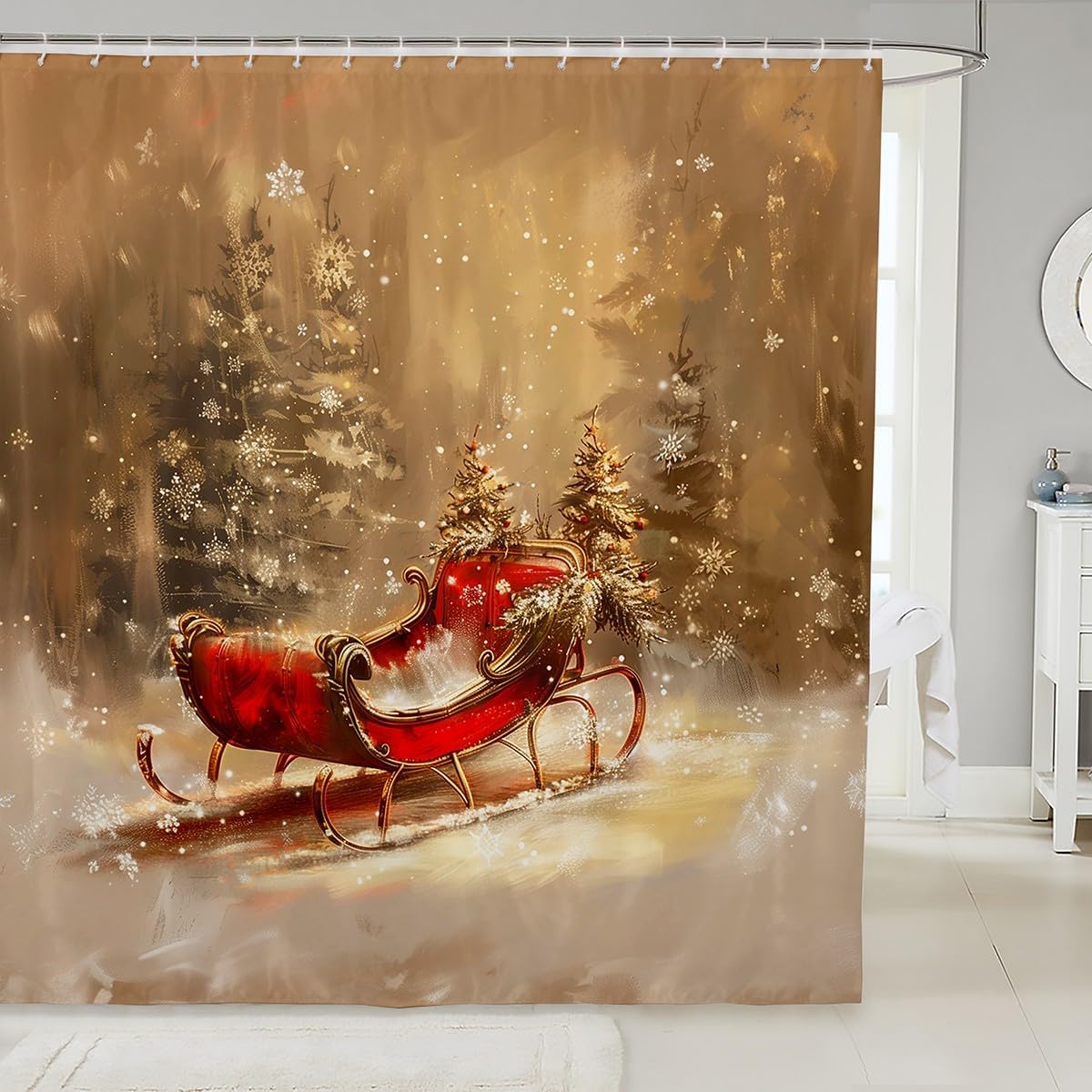 

Vintage Christmas Sleigh Shower Curtain with Xmas Tree & Snowflake Design, Merry Winter Holiday Bathroom Decor Accessories 90x180cm35x71in