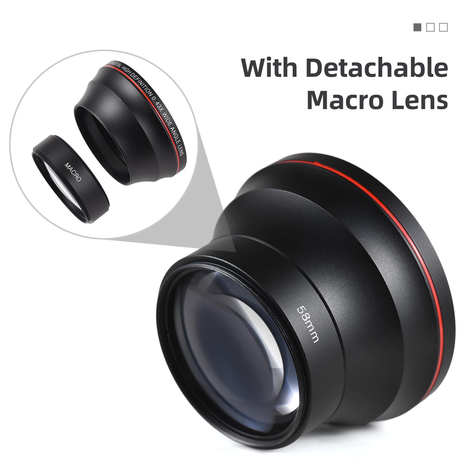 

58mm Camera Lens Kit with 0.43X Wide Angle Lens + Macro Lens Aluminum Alloy DSLR Camera Lens Replacement for Canon EOS прозрачный