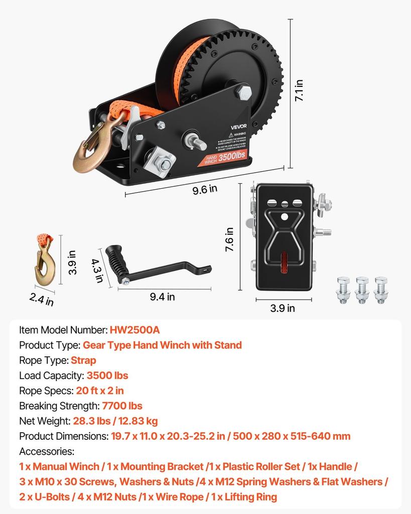 Boat Trailer Winch Stand with Roller, 1588 Kg, 6.1m Orange Polyester Strap, Boat Winch Mount, for 2-3 Inches W X 3-4 Inches H Trailer Tongue, Fit for