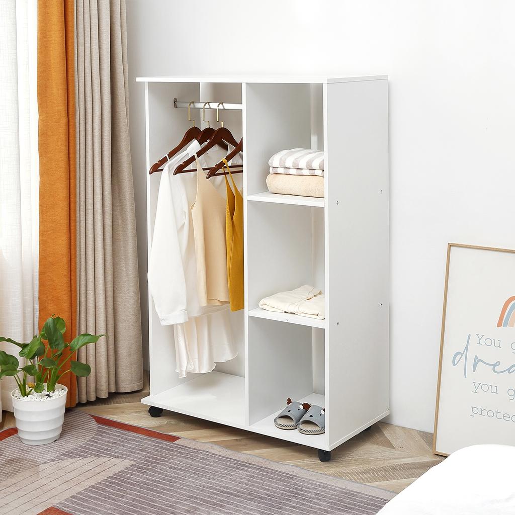 Open Wardrobe On Wheels Bedroom Wardrobe With Clothes Hanging Rail 3 Storage Shelves Mobile Garment Rack For Cloakroom Hallway White