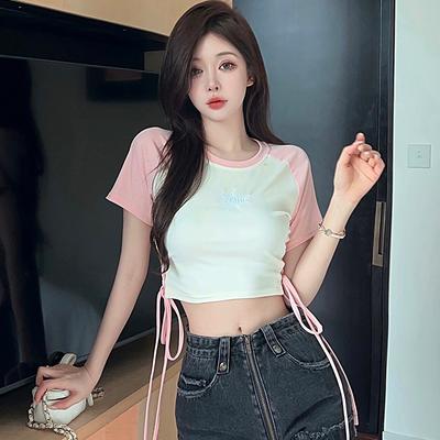 Sommer Farbblock Tunnelzug T-Shirts Damen O-Ausschnitt Kurzarm T-Shirt lässig Elastisch Skinny y2k Crop Tops Damenbekleidung