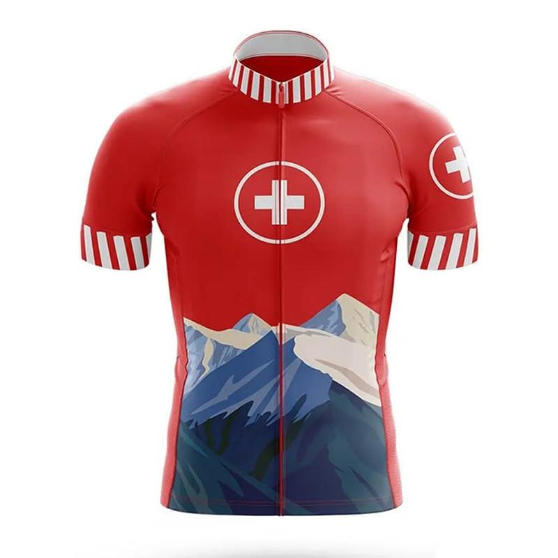 Set Maglia da Ciclismo Rossa Svizzera per Uomo, Tuta Sportiva Degradé per Mountain Bike, Abbigliamento Sportivo Estivo, 2026