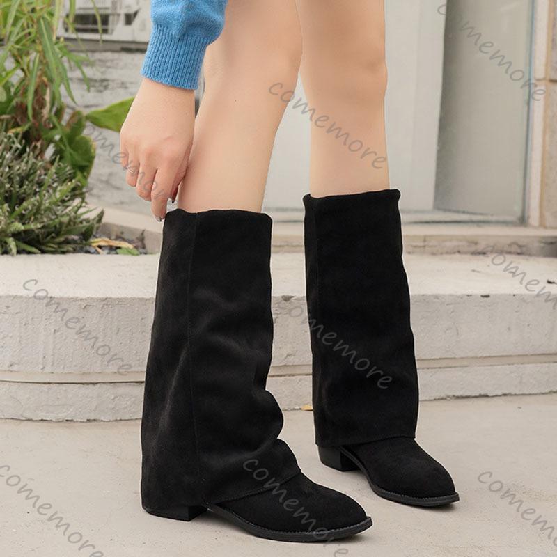 Fashion Comemore Women Fashion Mid-calf Boots Elegant Suede Solid Color Comfortable Shoes for Women Thick Heeled Female Knight Long Boot
