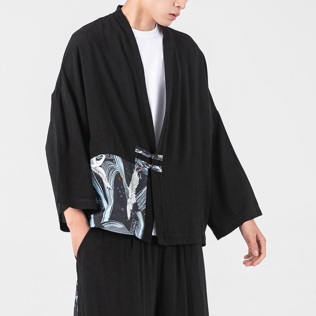 Chinese Traditional Dress Men Harajuku Shirts Kimono 2025 Men Retro Three Quarter Shirt Cardigan Men Manteau Hanfu Jacket