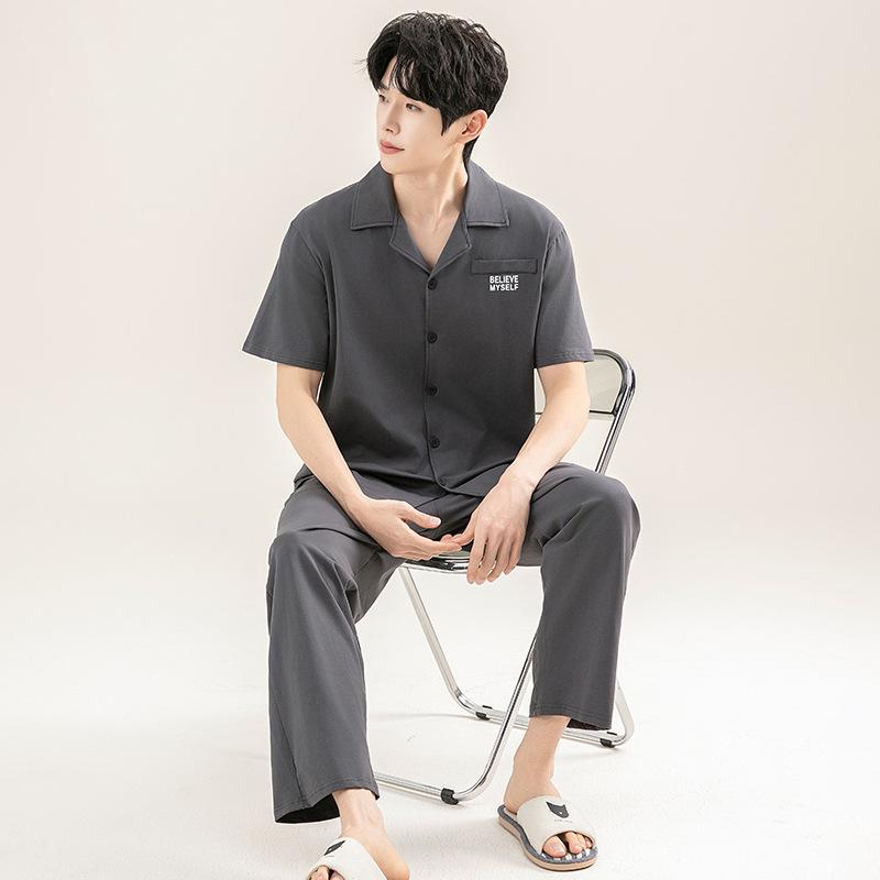Pajamas men's 1011 new spring and summer pure cotton short-sleeved trousers youth thin can be worn outside loungewear summer suit