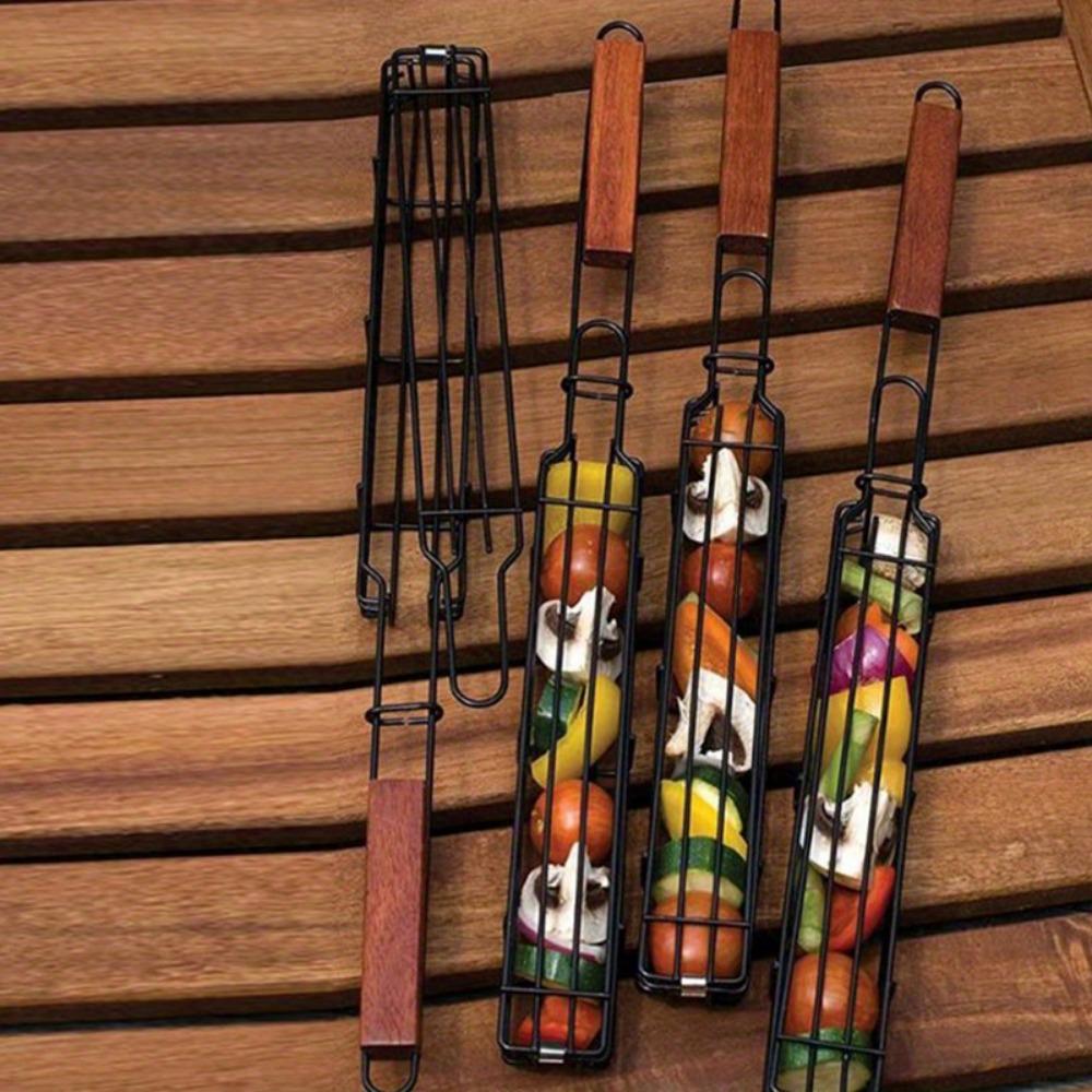 1pcs Nonstick Stainless Steel Kebab Grilling Baskets with Comfort-Grip Wooden Handles Durable Portable BBQ Tools for Outdoor Cooking, Camping.