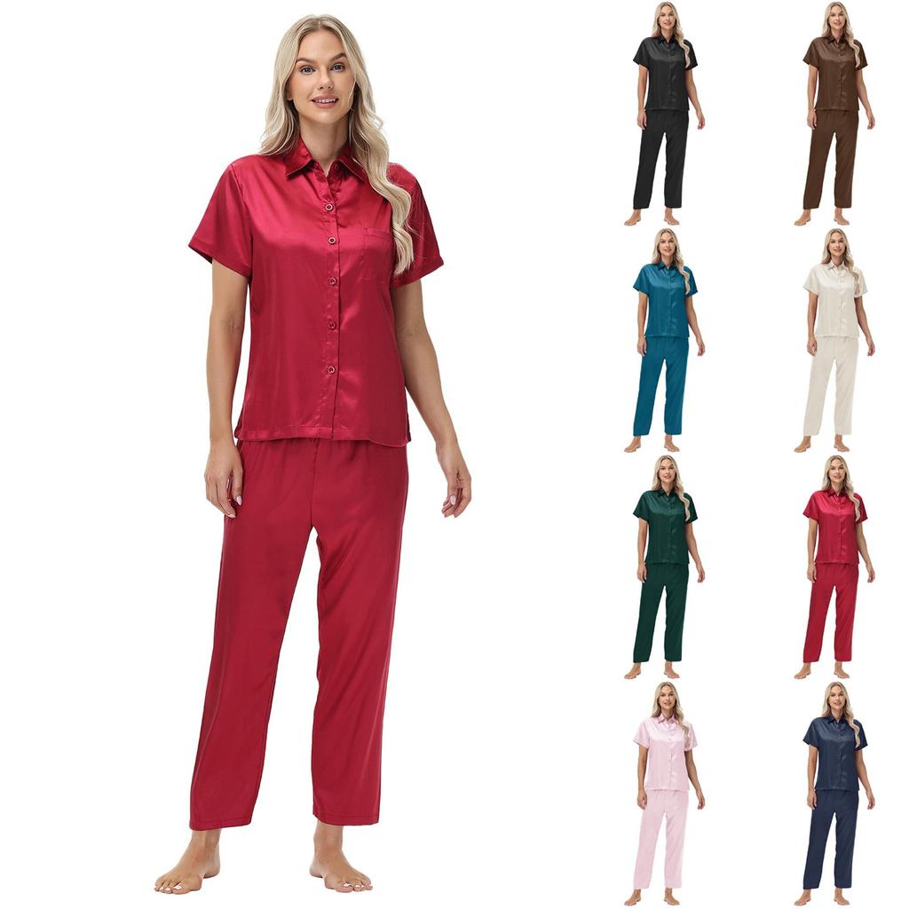 Shirt Ice Silk Pajamas Satin Suit Short Sleeve Long Pants Ladies Home Clothes