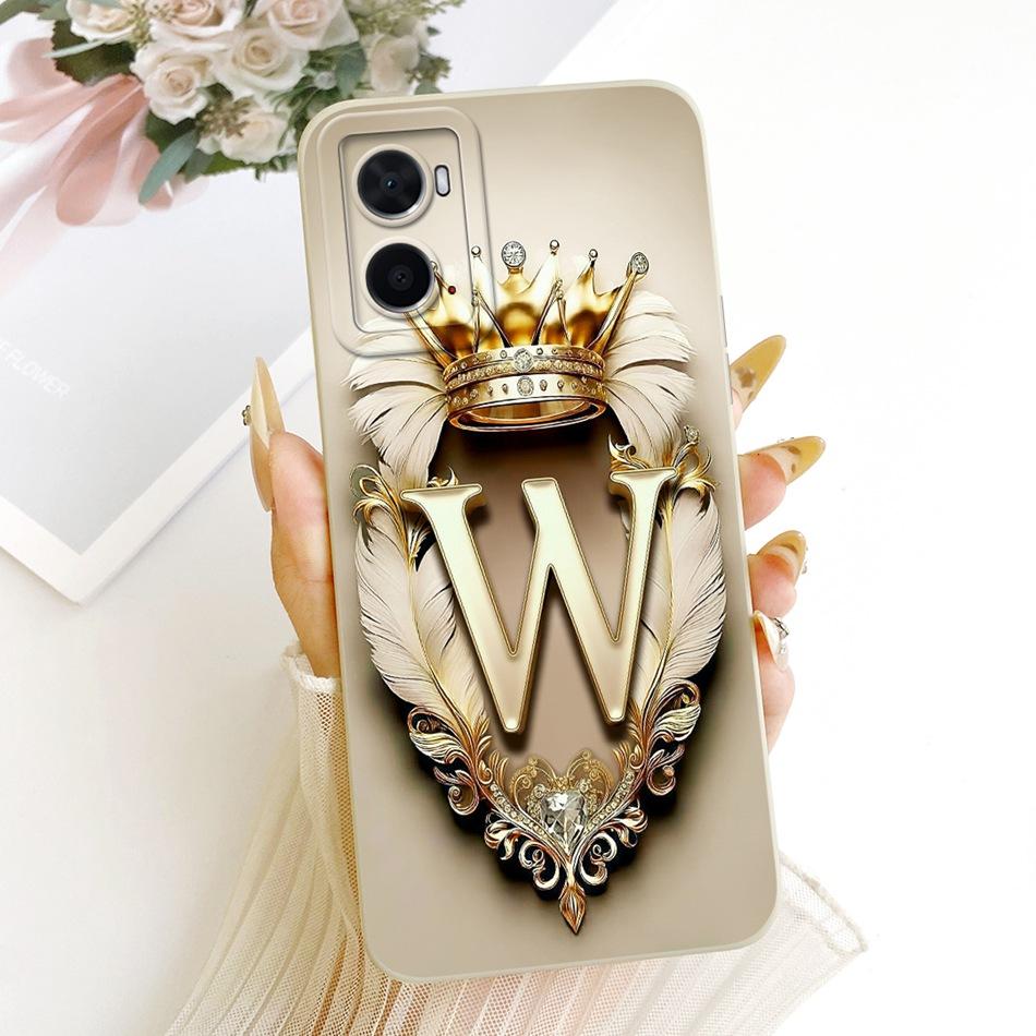 For OPPO A36 A76 A96 CPH2333 CPH2375 Feather Crown Initial Letter Phone Case For Oppo A36 A76 A96 4G Soft Silicone Cover Bumpers