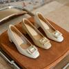Leather Square Head French Thick Heel High Heels Women's Buckle Shallow Mouth Spring and Autumn Versatile Commute To Work Thick Low Heel Single Shoes