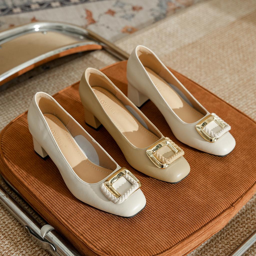 Leather Square Head French Thick Heel High Heels Women's Buckle Shallow Mouth Spring and Autumn Versatile Commute To Work Thick Low Heel Single Shoes