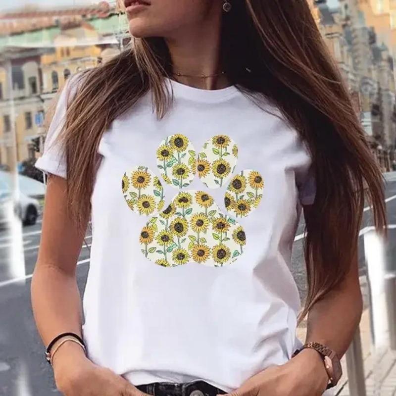 Women T-shirts Dog Paw Cartoon Animal Pet Summer Graphic Print Female Stylish T Top Shirt Girl Tee T-Shirt