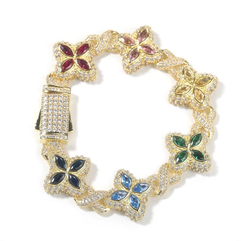 Hip-hop Rap Chain, Unlimited Four-leaf Clover Bracelet, Fashionable Cool Ruffian Handsome Premium 5A Zircon Color Necklace.