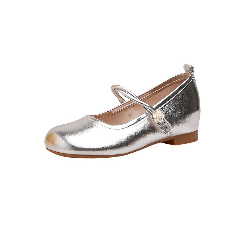 Inner height increase French light mouth Mary Jane shoes women's spring new silver high-end one-word with camellia single shoes