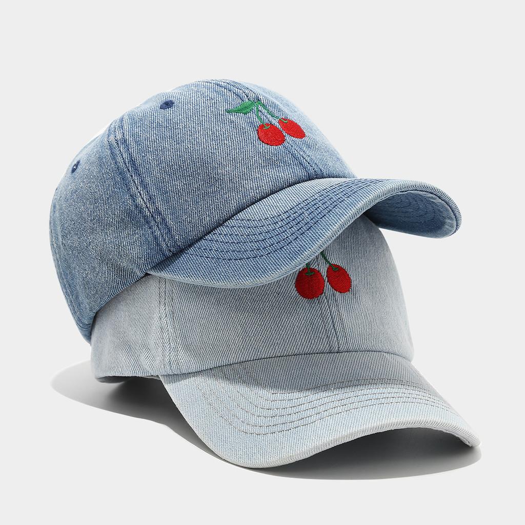 Cherry Embroidered Denim Baseball Cap For Women With Sun Protection And Breathability